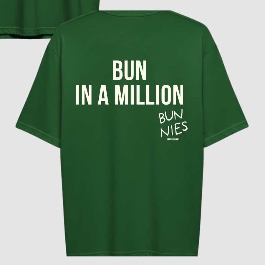 Back of an emerald Bunnies tee printed BUN IN A MILLION with the hand-drawn wordmark.