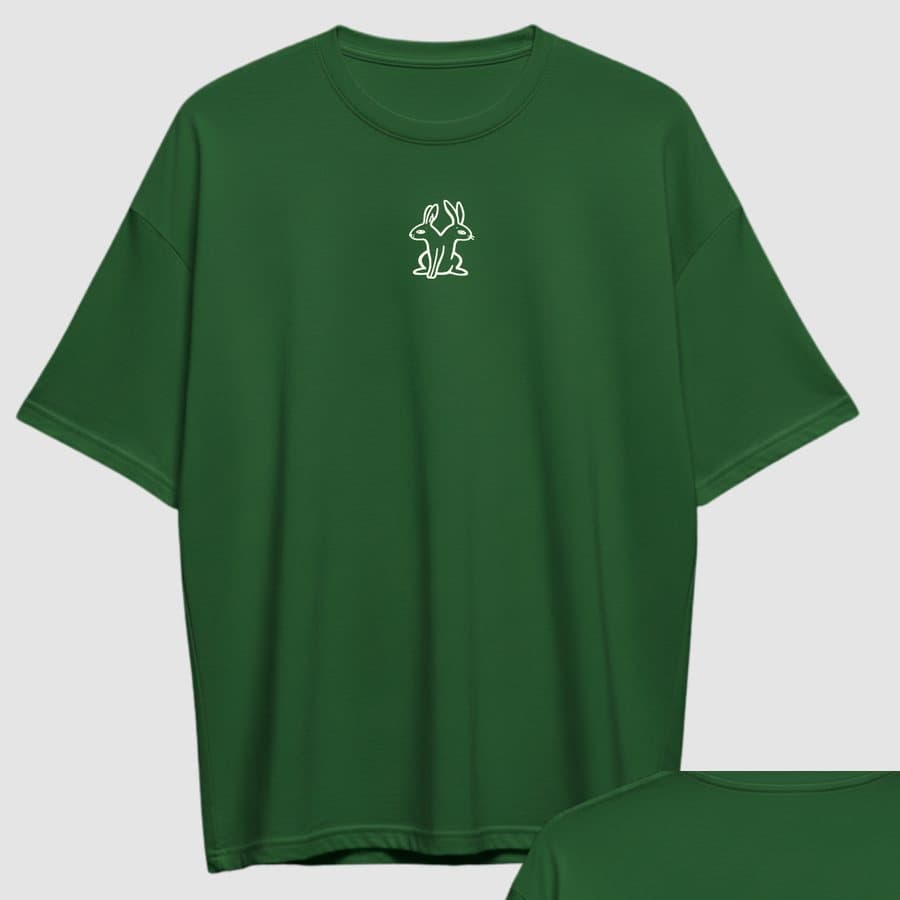 Front of an emerald Bunnies tee with the small twin bunnies on the chest.